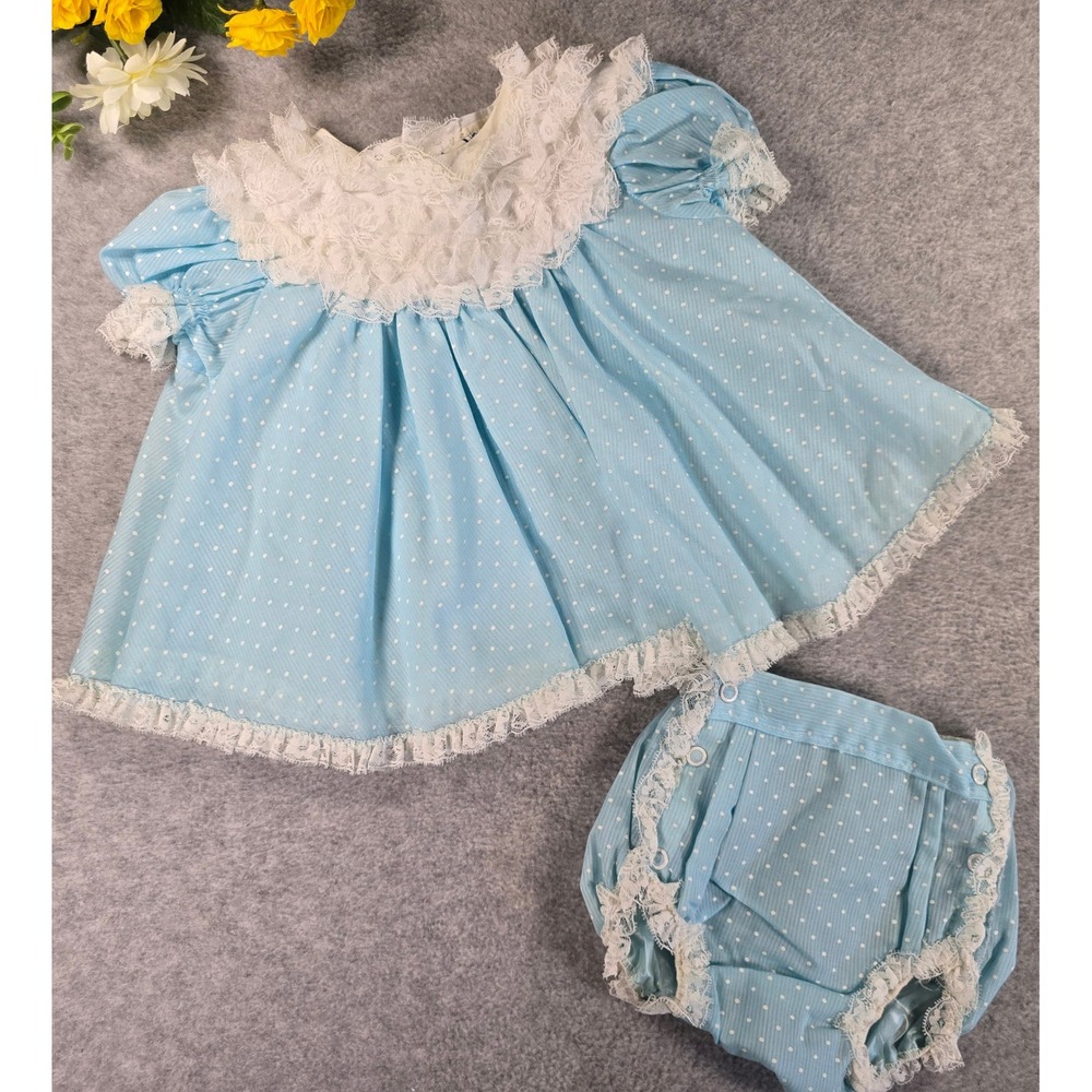 Vintage 80s Bryan Baby Blue Polka Dot Lace Trim Dress w/ Bloomers Set Size 6-12m